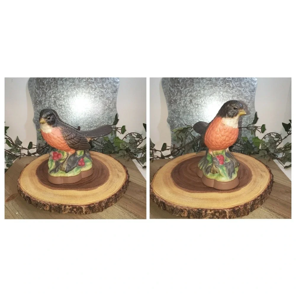 Three Bird Lover Ceramic Figurines - Two Robins (1 is music box) & One Cardinal